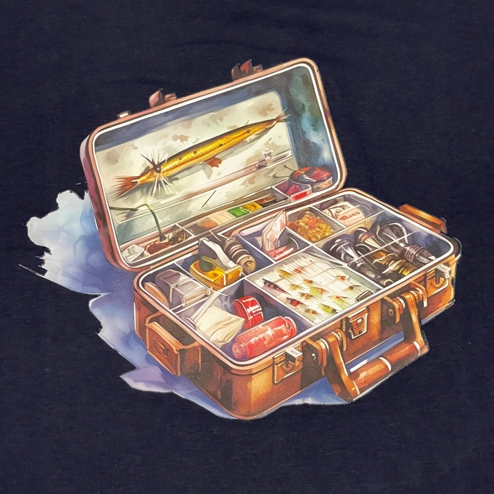 George Men's Large Navy Blue Fishing Tackle Box Graphic V-Neck T-Shirt NEW NWT‎